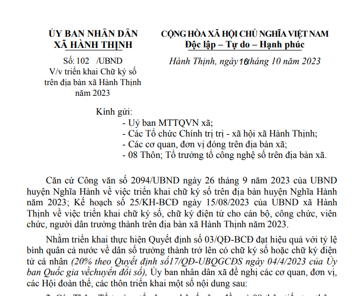 Công văn về việc triển khai Chữ ký số trên địa bàn xã Hành Thịnh năm 2023